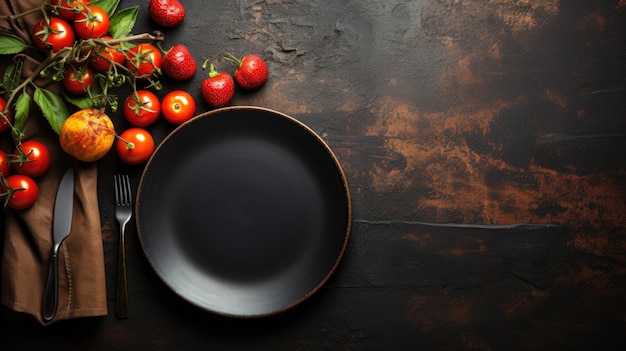 Generatywna ilustracja pustego czarnego talerza z sztućcami na ciemnym betonowym tle Gotowanie obiadu domowego na kamiennym stole