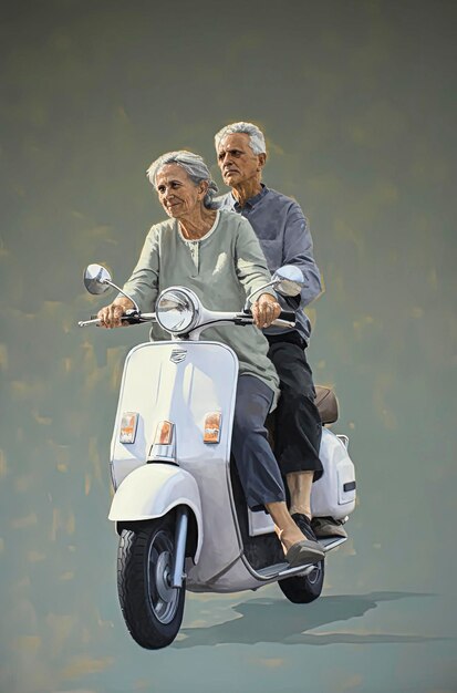 Generatywna ilustracja starszej pary jeżdżącej na klasycznym motocyklu z tłem w pastelowych kolorach