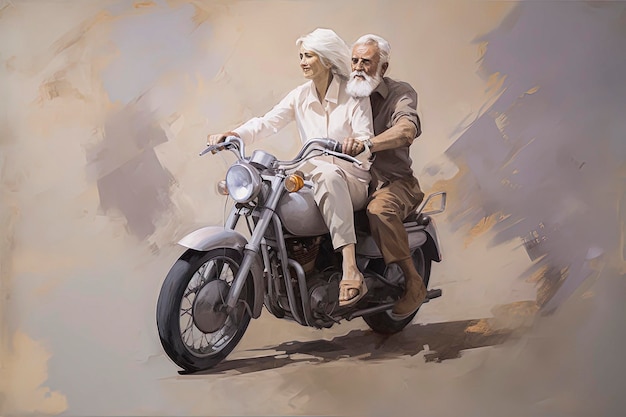 Generatywna ilustracja starszej pary jeżdżącej na klasycznym motocyklu z tłem w pastelowych kolorach