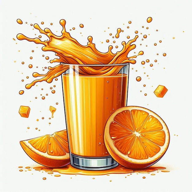 Generatywna ilustracja szklanki soku pomarańczowego z rozpryskami izolowanymi na białym tle