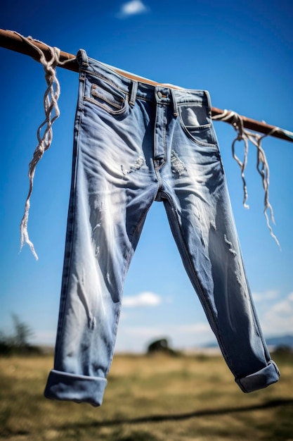 Zdjęcie generatywna ilustracja sztucznej inteligencji dżinsów wiszących do wyschnięcia w słoneczny dzień modna moda dżinsów