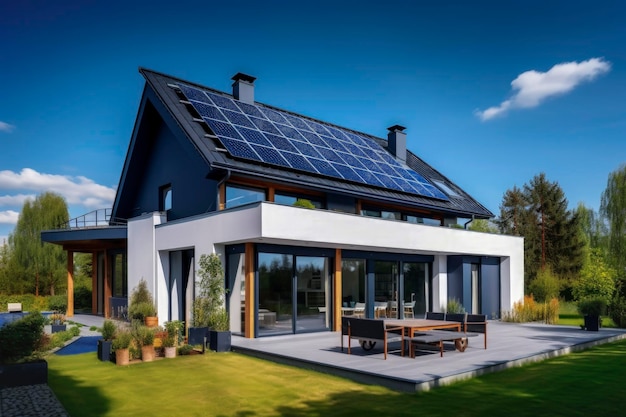 Generatywna ilustracja sztucznej inteligencji ekologicznego i zrównoważonego domu z panelami słonecznymi na dachu Energia odnawialna