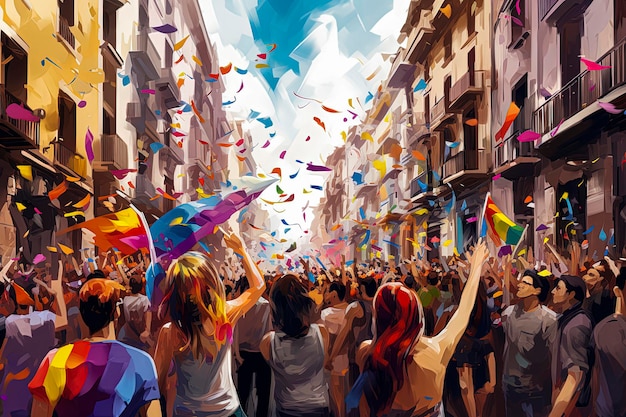 Generatywna ilustracja sztucznej inteligencji o gejowskiej i lesbijskiej uroczystości ulicznej z tęczową flagą w stylu ilustracjiLGBTArt cyfrowy