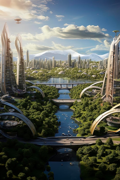 Generatywna ilustracja sztucznej inteligencji przedstawiająca miasto przyszłości, które jest zrównoważone i wydajne