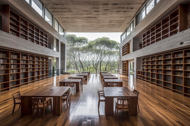 Generatywna ilustracja sztucznej inteligencji przedstawiająca nowoczesną i futurystyczną bibliotekę drewna z recyklingu z dużym oknem wychodzącym na zewnątrz