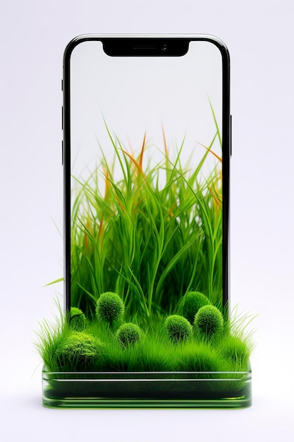 Generatywna ilustracja sztucznej inteligencji tła trawy posadzonej na ekranie smartfonaZielona natura z białym tłem zielona koncepcja