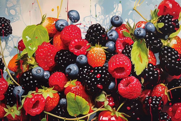 Zdjęcie generatywna ilustracja sztucznej inteligencji zdrowych owoców leśnych borówek jagód jagód porzeczek w kolorowym stylu ilustracji zdrowe jedzenie