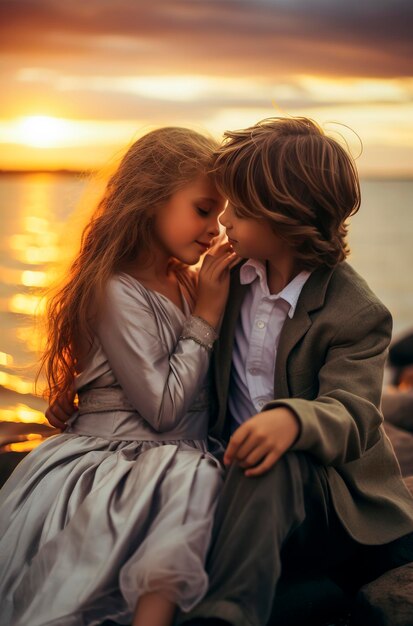 Zdjęcie generatywna ilustracja tła ai romantycznej pary dzieci w morzu z światłem zachodu słońca koncepcja miłości