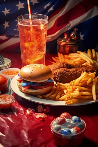 Zdjęcie generatywna ilustracja typowego amerykańskiego jedzenia z hamburgerami, hot dogami, kurczakiem, frytkami, sosami, kukurydzą, napojami bezalkoholowymi, warzywami