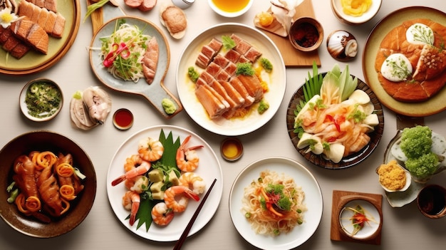 Generatywna ilustracja zdjęcia z góry Zbliżenie tradycyjnych japońskich potraw
