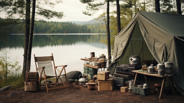 Generatywna koncepcja AI Camping na świeżym powietrzu w obozie turystycznym w neutralnych, stonowanych kolorach