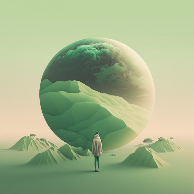 Generatywna osoba AI stojąca przed zielonym kółkiem obserwująca odradzanie się życia na ziemi