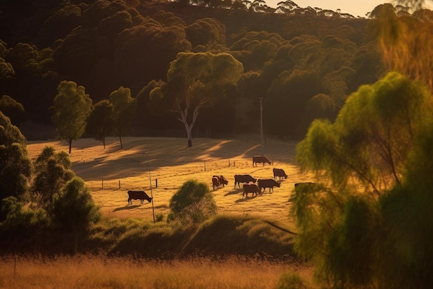 Generatywna panorama ai pasących się krów na łące z trawą o zachodzie słońca