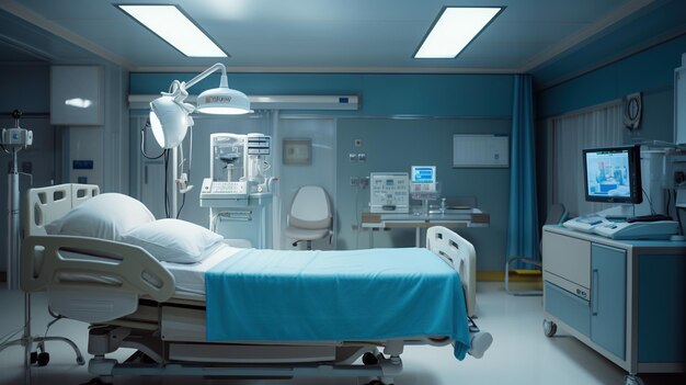 Generatywna sala pooperacyjna AI z wygodnym łóżkiem medycznym, pustą salą szpitalną