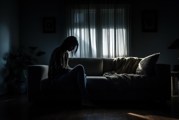 Generatywna sylwetka AI, smutna kobieta cierpiąca na depresję, bezsenność, budzi się i siedzi samotnie w życiu