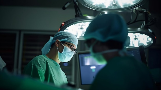 Generatywna sztuczna inteligencja chirurg na sali operacyjnej widzi monitor