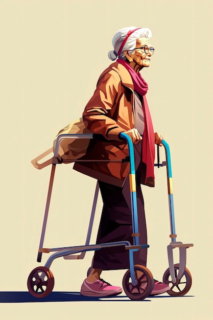 Generatywna sztuczna inteligencja chodzącej starszej kobiety, wspomagana przez piechura w stylu ilustracji wektorowych Starzy ludzie