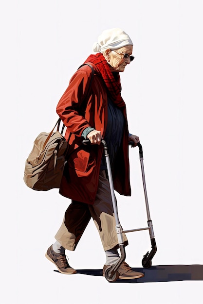 Generatywna sztuczna inteligencja chodzącej starszej kobiety, wspomagana przez piechura w stylu ilustracji wektorowych Starzy ludzie