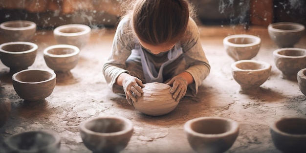 Zdjęcie generatywna sztuczna inteligencja dziecka ręce z gliną tworzenie ceramicznego garnka w warsztacie ceramiki