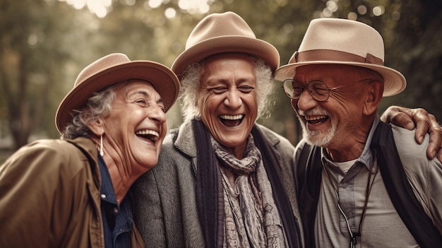 Generatywna sztuczna inteligencja grupa szczęśliwych seniorów wchodzących w interakcję w parku