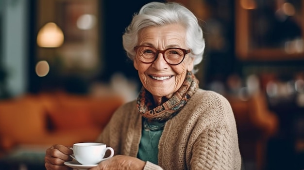 Generatywna sztuczna inteligencja i starsza kobieta na przerwie na kawę