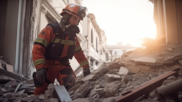Generatywna sztuczna inteligencja i umundurowany ratownik szukają ocalałych w zniszczonych przez trzęsienie ziemi budynkach miejskich
