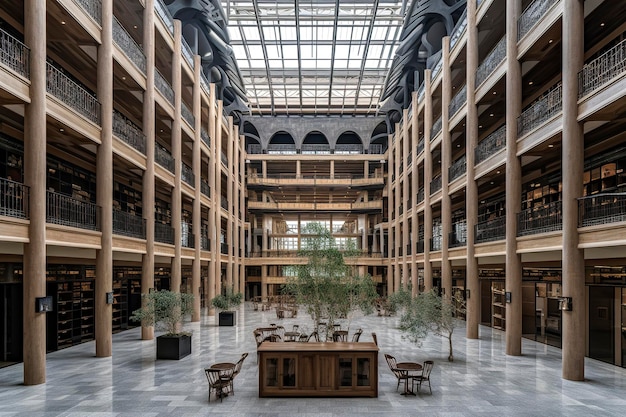 Generatywna sztuczna inteligencja ilustracja architektury eksperymentalnej Zaprojektuj masywne, otwarte atrium z drewnianą ramą, majestatyczne, wysokie sufity