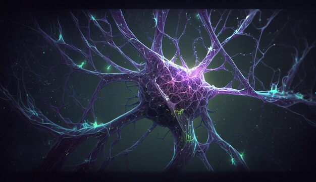 Generatywna sztuczna inteligencja Ilustracja koncepcyjna komórek neuronowych ze świecącymi węzłami łącza w abstrakcyjnej ciemnej przestrzeni