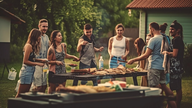 Generatywna sztuczna inteligencja koncepcja miłego spędzania czasu z grupą przyjaciół zbierających się przy grillu, aby dzielić się chwilą relaksu pod słońcem letniego dnia