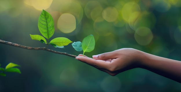 Generatywna sztuczna inteligencja Ludzka ręka uściskająca rękę natury miłość natura koncepcja środowiska