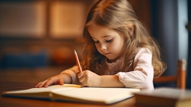 Zdjęcie generatywna sztuczna inteligencja mała dziewczynka ucząca się pisać