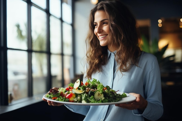 Generatywna sztuczna inteligencja Młoda kobieta jedząca zdrową sałatkę w restauracji Koncepcja diety zdrowego stylu życia