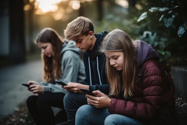 Generatywna sztuczna inteligencja Nastoletni przyjaciele spędzają razem czas przy użyciu smartfonów na świeżym powietrzu