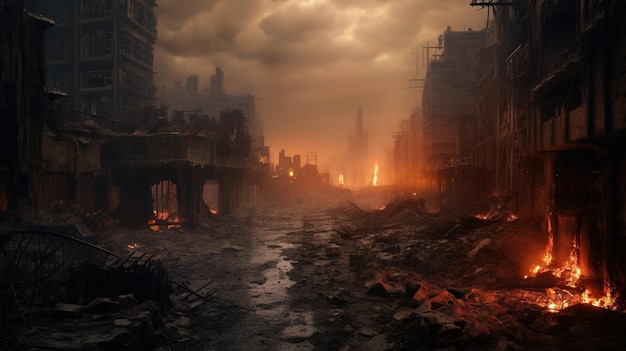 Generatywna sztuczna inteligencja niszczy miasto spalone ulica miasta bez życia apokaliptyczna scena