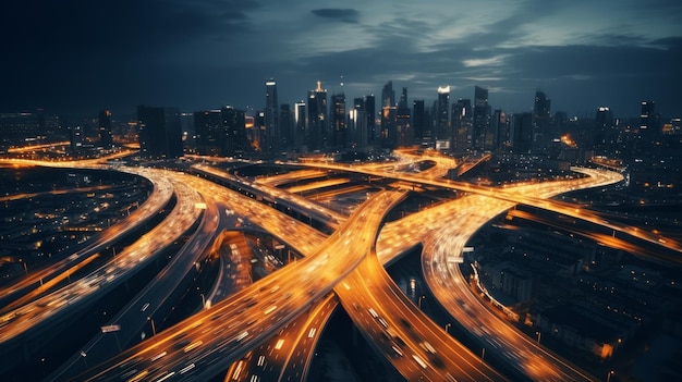 Generatywna sztuczna inteligencja panoramiczny widok dużego skrzyżowania autostrady w nocy, uchwycający blask świateł miasta i strumieni ruchu drogowego