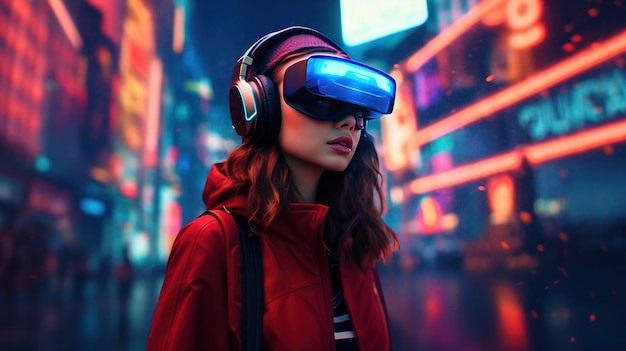 Generatywna sztuczna inteligencja piękna kobieta w okularach VR w neonowej ulicy wirtualnej rzeczywistości
