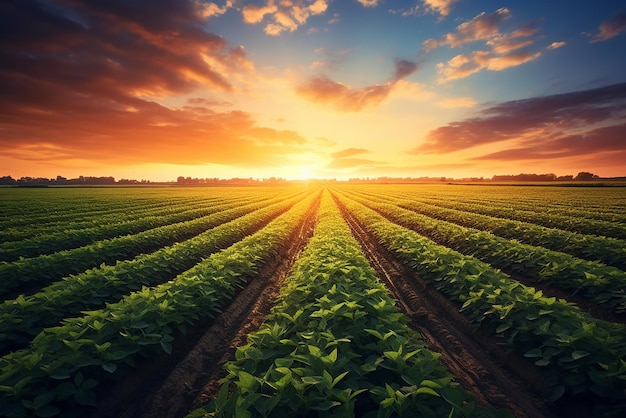 Generatywna sztuczna inteligencja plantacja rolnicza na polu o zachodzie słońca