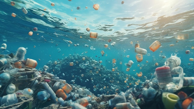 Generatywna sztuczna inteligencja Plastikowe torby, butelki i inne zanieczyszczenia śmieci w oceanie Koncepcja środowiska