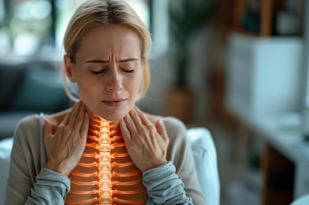 Zdjęcie generatywna sztuczna inteligencja podkreśliła kręgosłup kobiety z bólem szyi w biurze kobiety trzymającej szyję