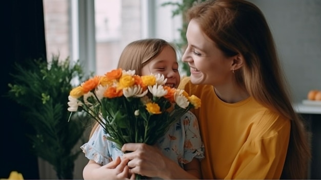 Generatywna sztuczna inteligencja pokazuje córkę, która daje matce kwiaty