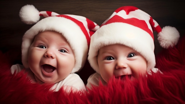 Generatywna sztuczna inteligencja pokazuje dwoje szczęśliwych dzieci przebranych za Mikołajów