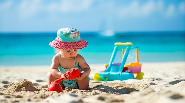 Generatywna sztuczna inteligencja pokazuje urocze niemowlę bawiące się zabawkami na pięknej plaży