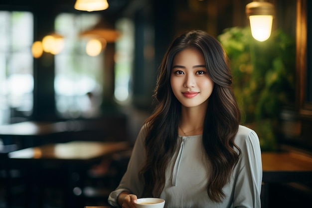 Generatywna sztuczna inteligencja Portret azjatyckiej kobiety uśmiechającej się w kawiarnianej tonacji kolorów w stylu vintage