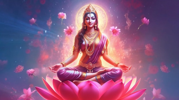 Generatywna sztuczna inteligencja przedstawia hinduską boginię Laxmi, symbol bogactwa i dobrobytu, jako mającą niebiańską aurę i siedzącą na kwitnącym kwiecie lotosu