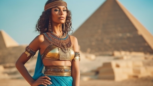 Generatywna sztuczna inteligencja przedstawia królową Kleopatrę w egipskim stroju, pozującą obok pustynnych piramid
