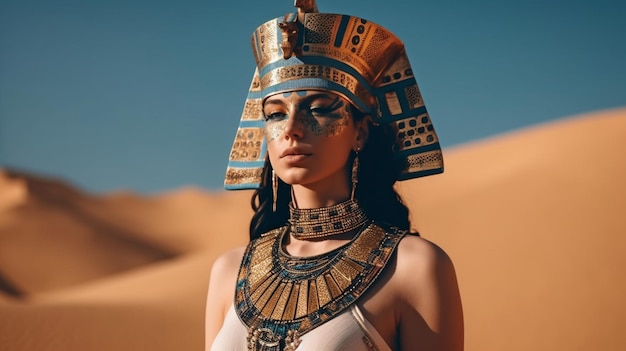 Generatywna sztuczna inteligencja przedstawia królową Kleopatrę w egipskim stylu stojącą obok pustynnych piramid