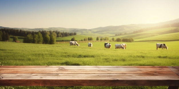Generatywna sztuczna inteligencja Pusty drewniany blat na naturze i niewyraźne wiejskie tło krów na zielonym polu