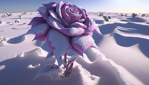 Generatywna sztuczna inteligencja róży pokrytej śniegiem na pustyni