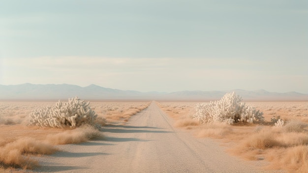 Zdjęcie generatywna sztuczna inteligencja samotna droga na pustyni estetyczna wyciszone neutralne kolory kaktusy rośliny
