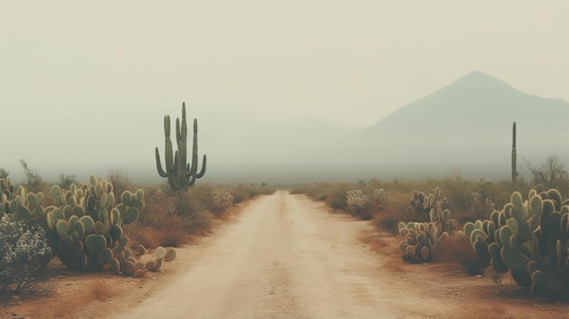 Generatywna sztuczna inteligencja samotna droga na pustyni estetyczna wyciszone neutralne kolory kaktusy rośliny